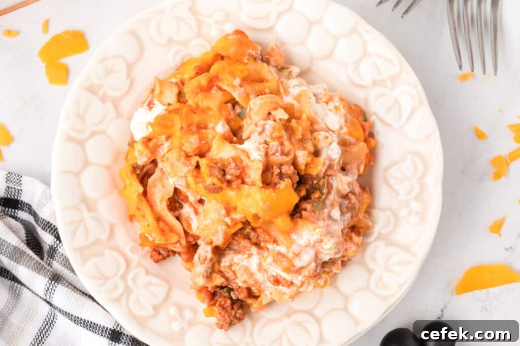 serving of beefy sour cream noodle bake on a plate
