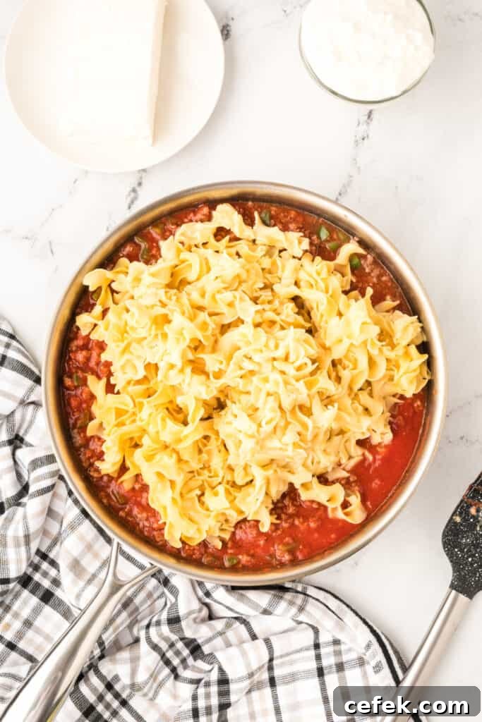 cooked egg noodles added to the beef and tomato sauce mixture in skillet