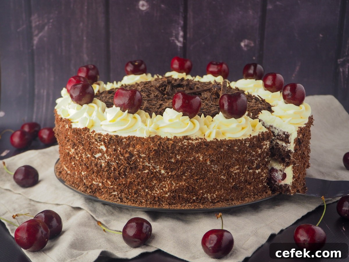 Taking out of slice of cake, with fresh cherries.