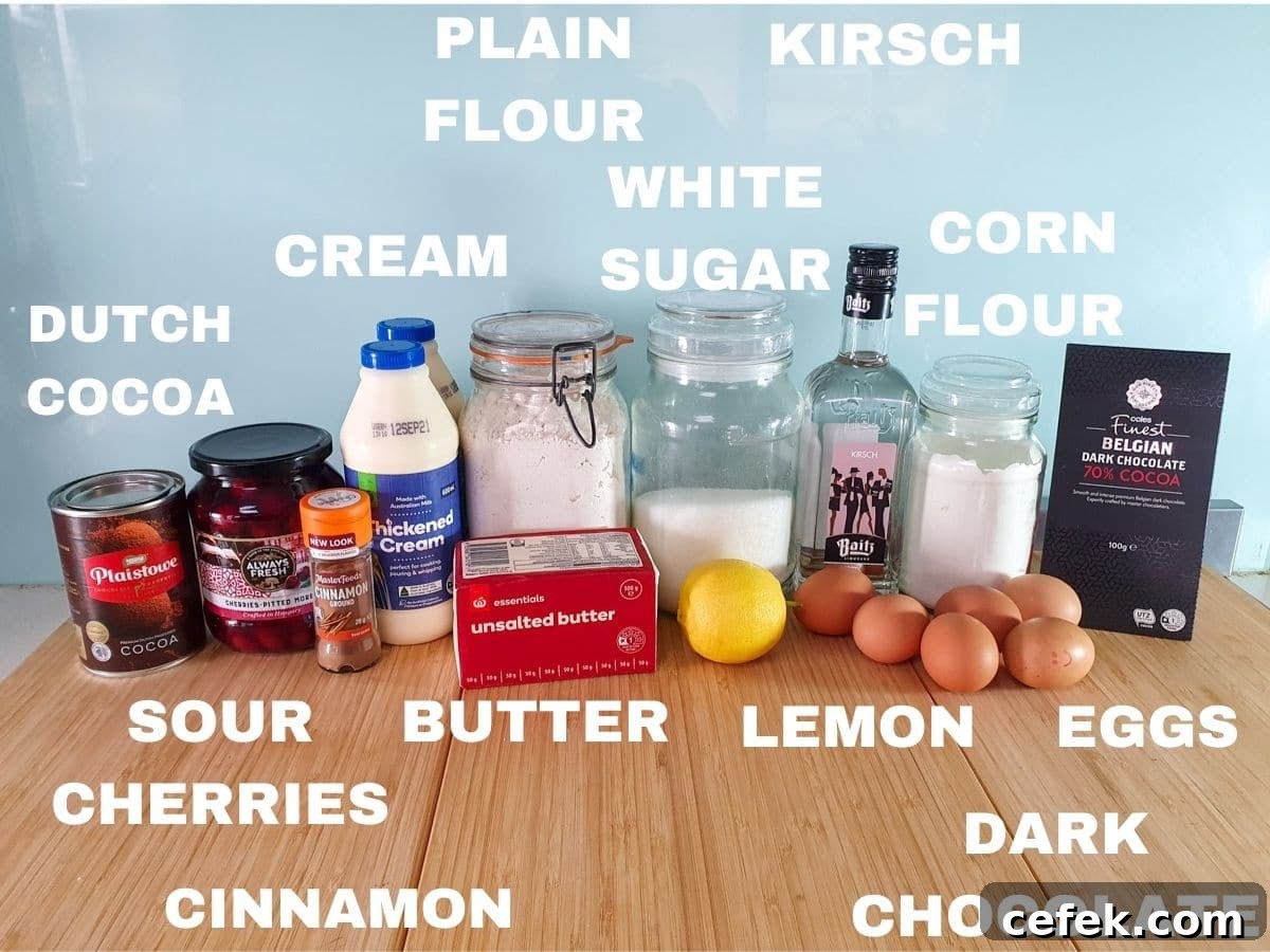 Ingredients, Dutch coat powder, sour cherries, cinnamon, cream, plain four, butter, white sugar, lemon, kirsch, eggs, corn flour, dark chocolate.