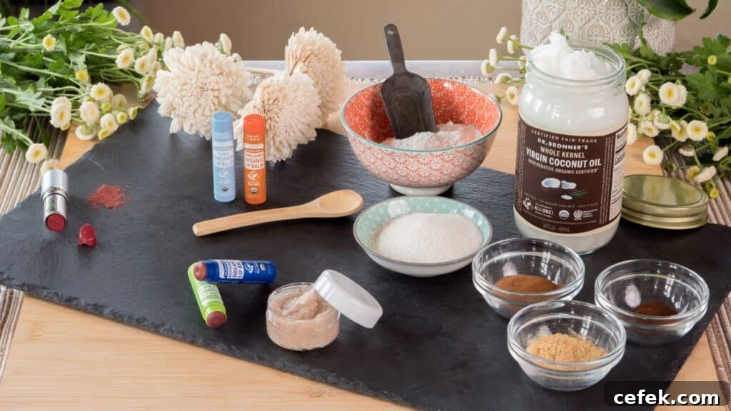 Ingredients for making a lip scrub & lip tint with Dr. Bronner's laid out on a table
