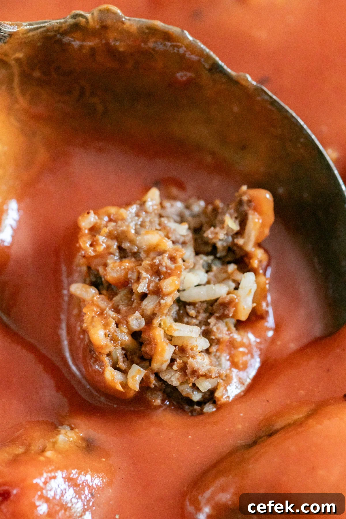 A close up of a meatball broken in half revealing the rice inside on a serving spoon with sauce.