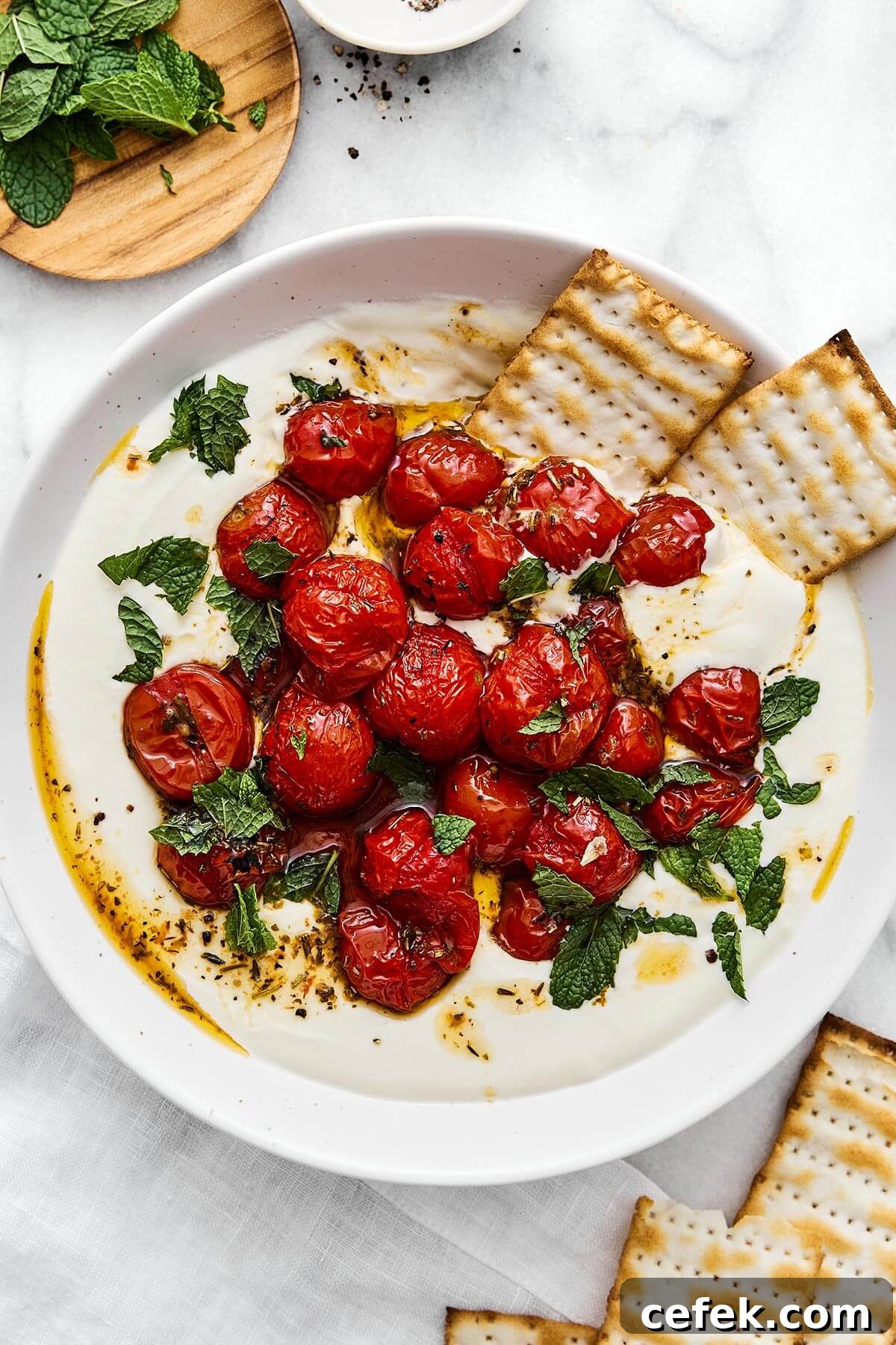 A bowl of whipped feta with roasted tomatoes.