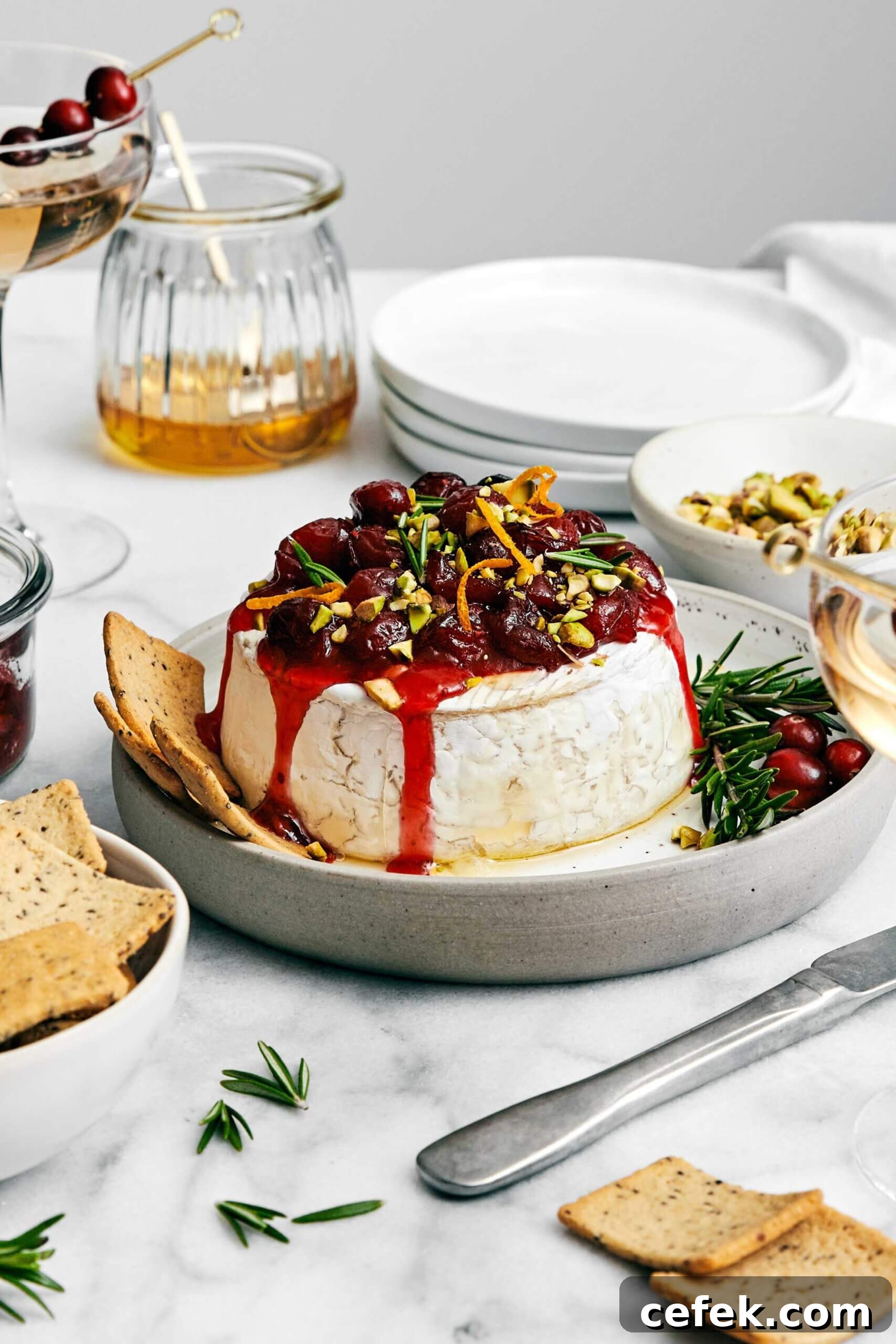Baked brie with cranberry sauce.