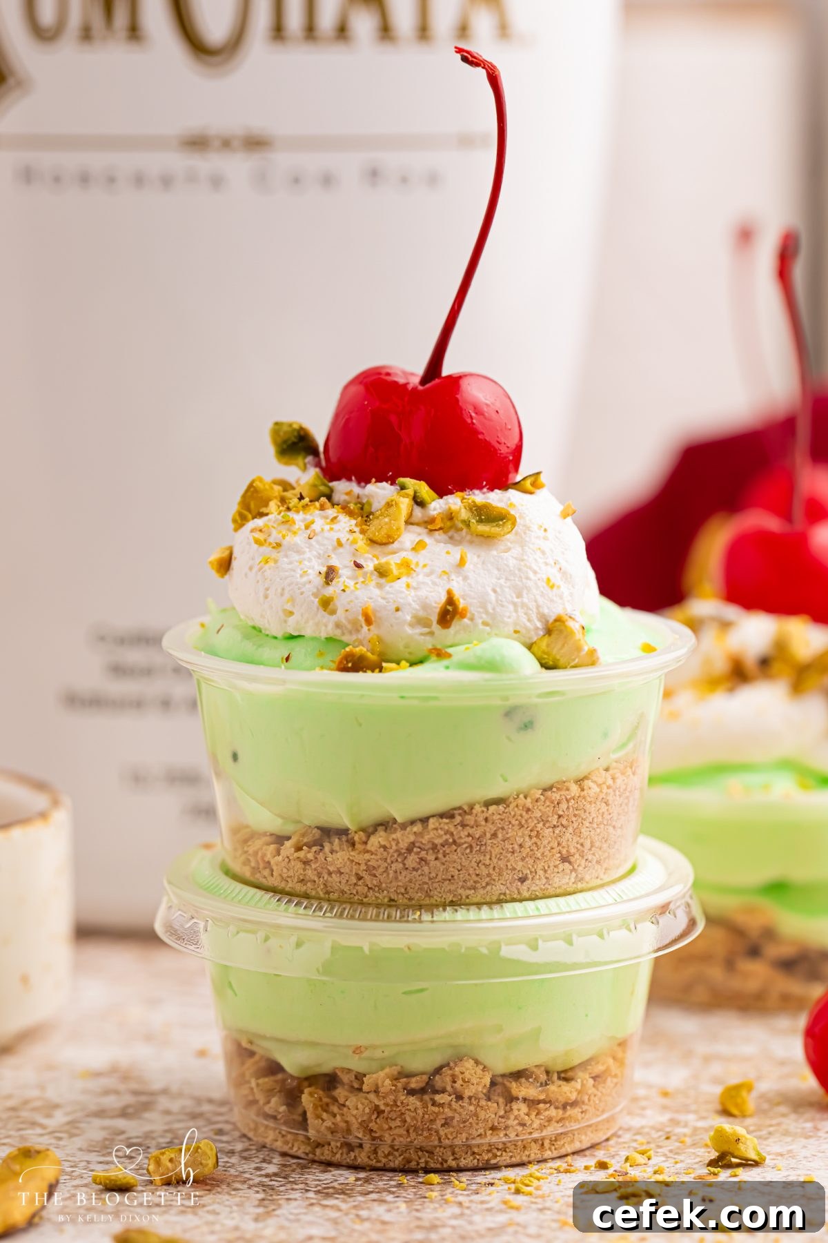 These creamy Pistachio Pudding Shots are the cutest party dessert! Made with pistachio pudding mix, RumChata, Cool Whip, and graham cracker topping. Perfect for holiday parties, girls’ night, St. Patrick’s Day treats, and easy no-bake desserts. Save this RumChata pudding shot recipe!