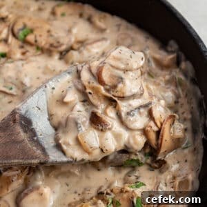 A wooden spoon taking out a scoop of a mushroom sauce.