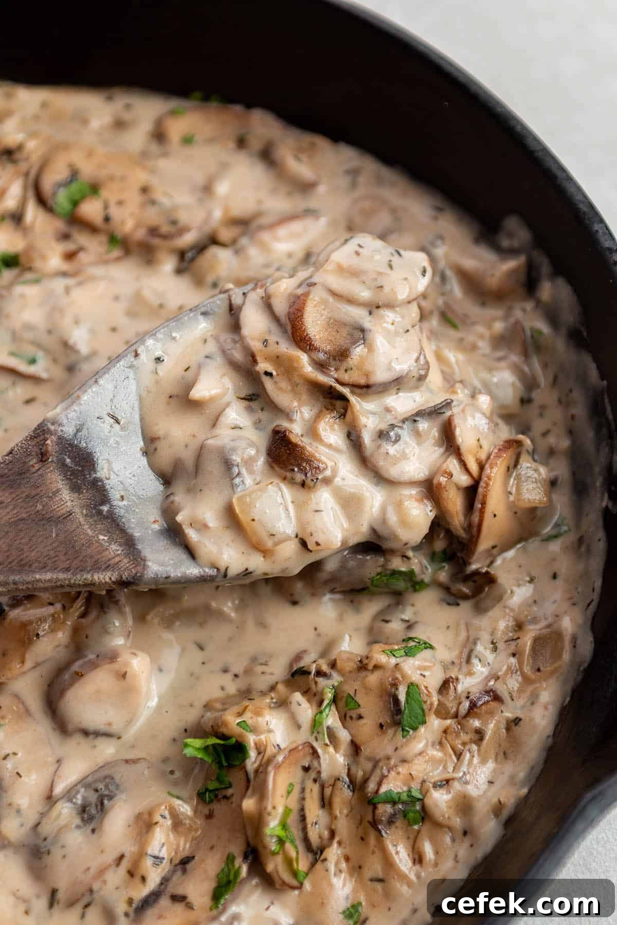 A cast iron skillet with a mushroom sauce and a wooden spoon scooping some out.