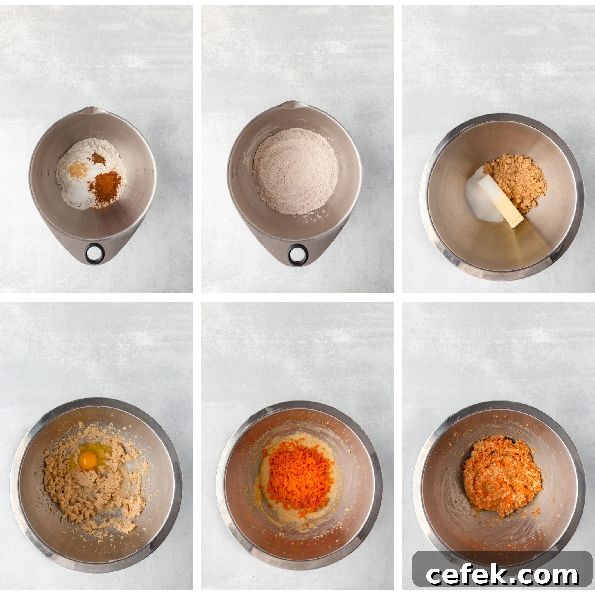 Six image collage of a mixing bowl step-by-step: flour, sugar, cinnamon in first; mixed dry ingredients in second; brown sugar and butter in third; mixture with egg in fourth; added carrots in fifth; mixed carrot cake batter in the last image.