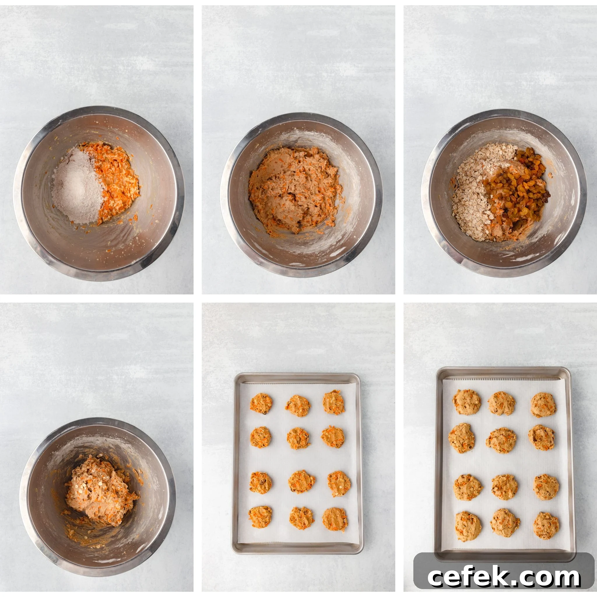 Step-by-step images show mixing ingredients in a bowl, forming dough, and placing cookie dough balls on a baking sheet, ready for baking.