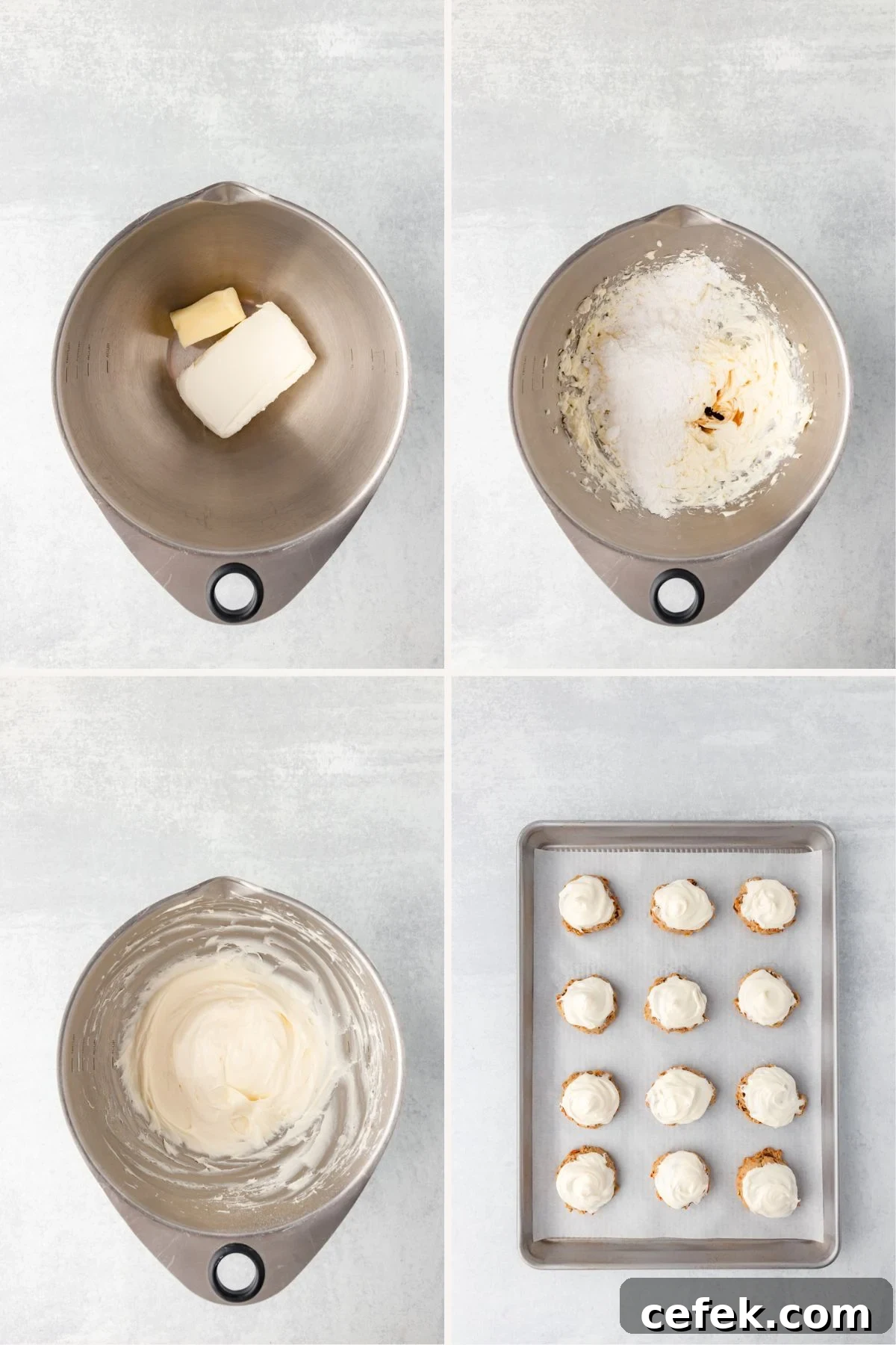 A four-image collage showing the stages of making frosting and frosting cupcakes. First image: butter and cream cheese in a mixing bowl. Second: powdered sugar and vanilla added. Third: creamy frosting. Fourth: cupcakes frosted on a baking sheet.