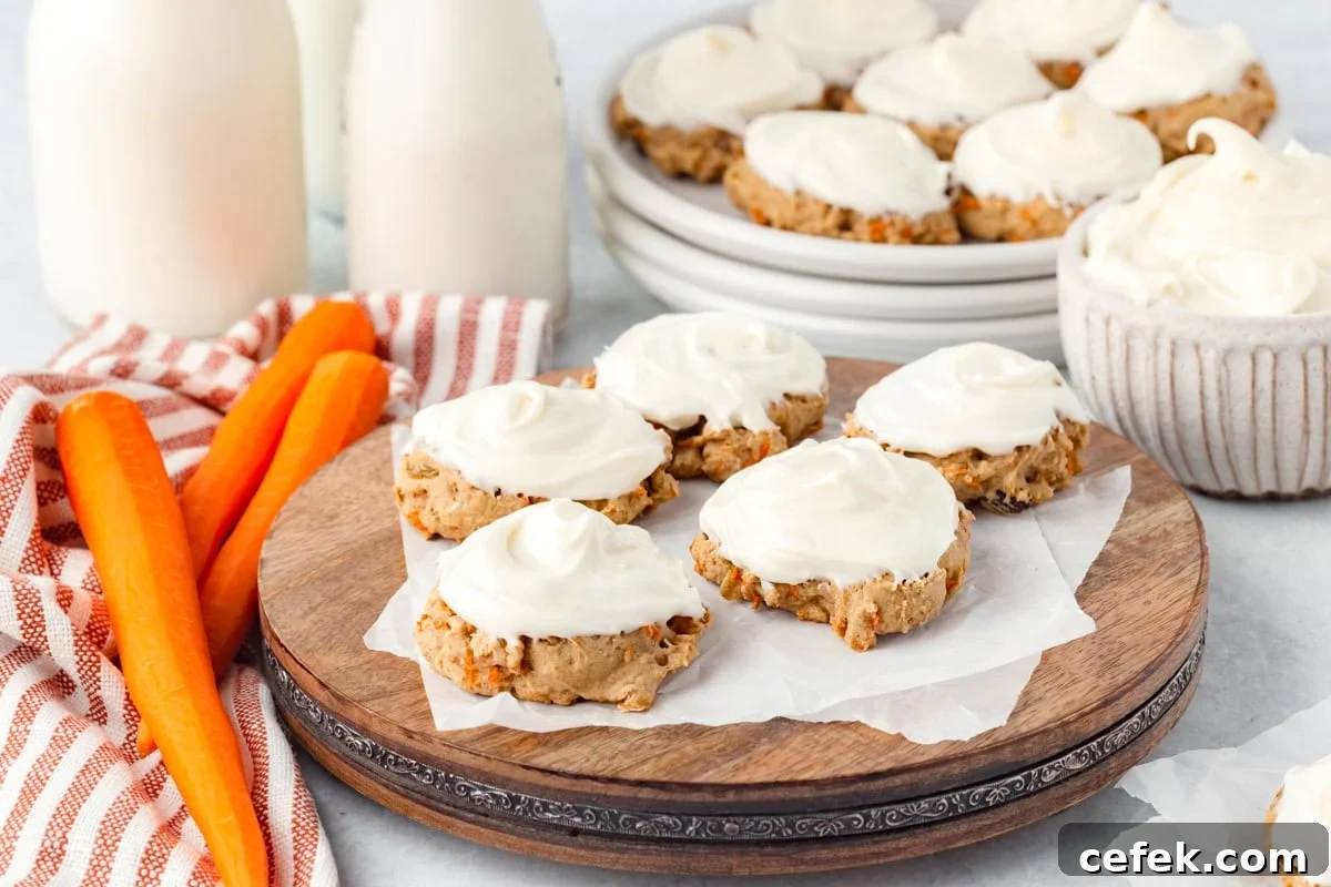 Cookies with white frosting on a wooden board, surrounded by two bottles of milk, a striped cloth, raw carrots, and a bowl with more frosting. A stack of plates with more cookies is in the background.