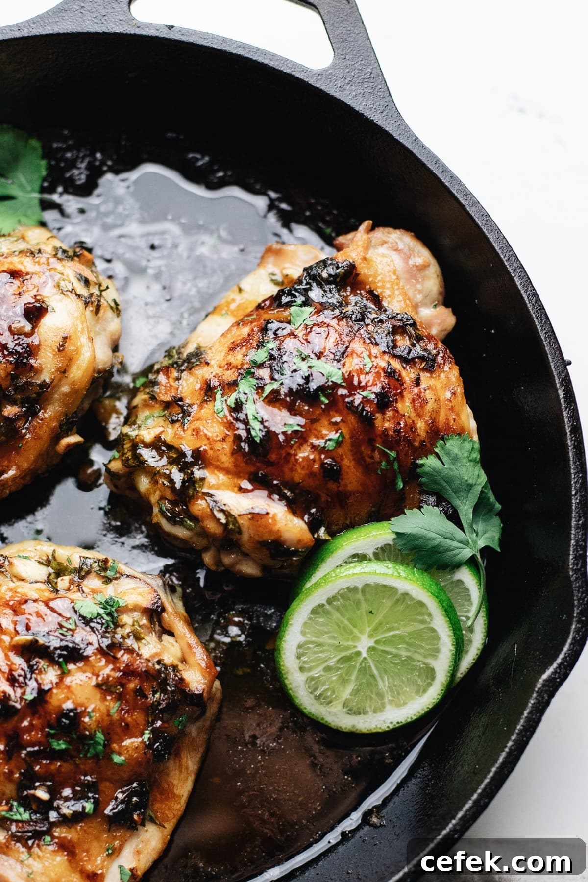 A roasted chicken thigh with lime slices arranged next to it.