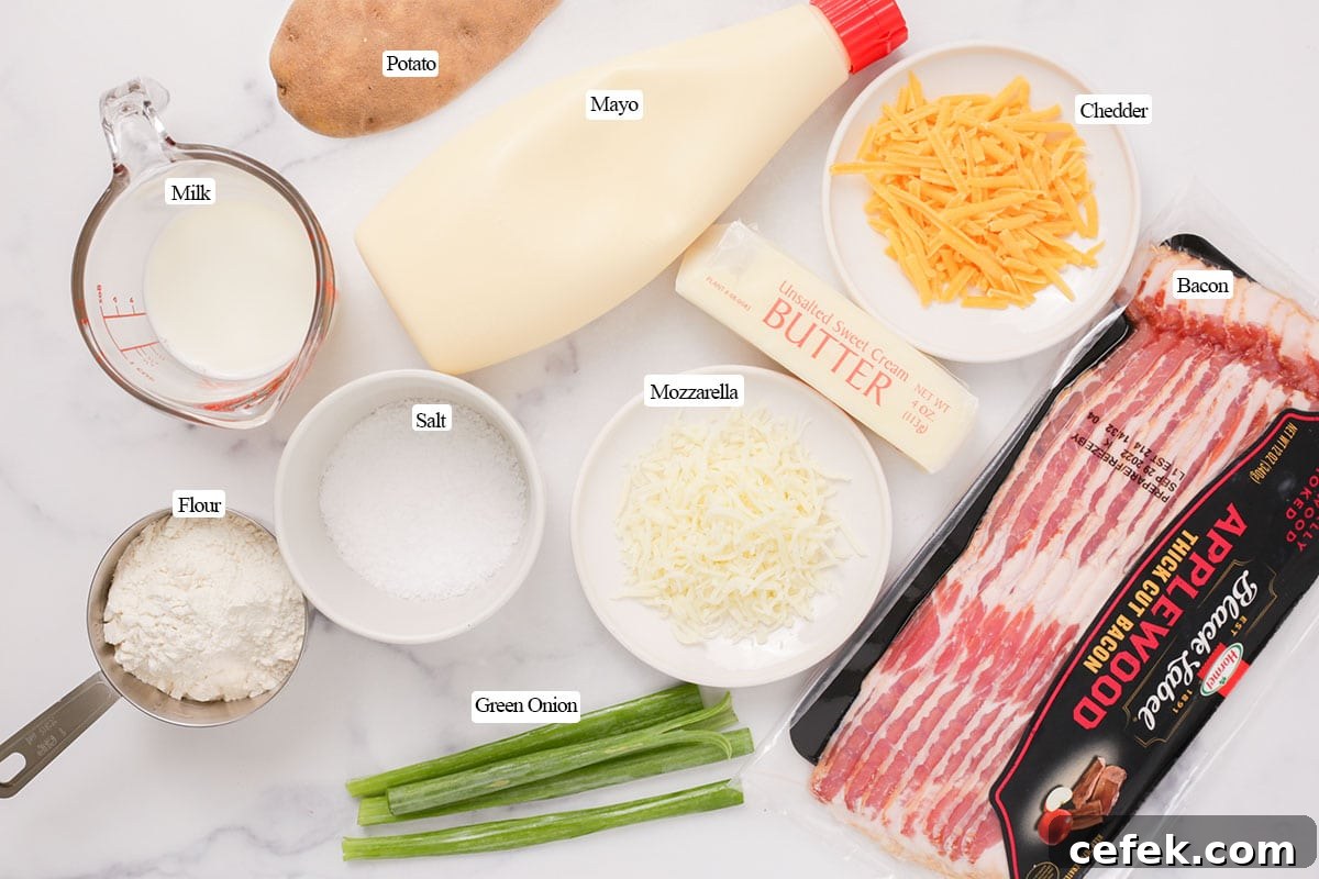 Ingredients for cheesy loaded potato bread.