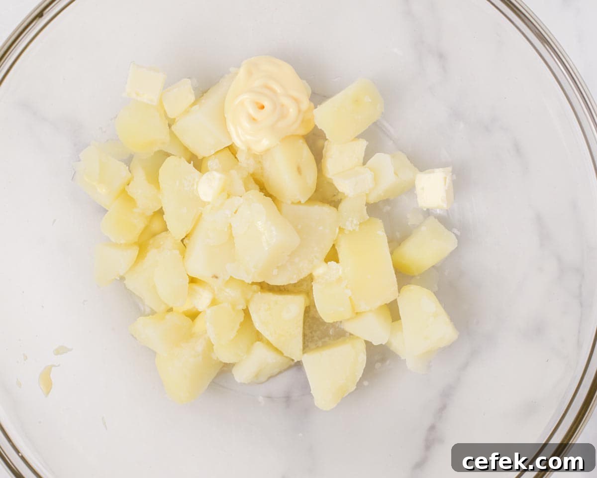Mixing potato, mayo, butter, and salt in the bowl.