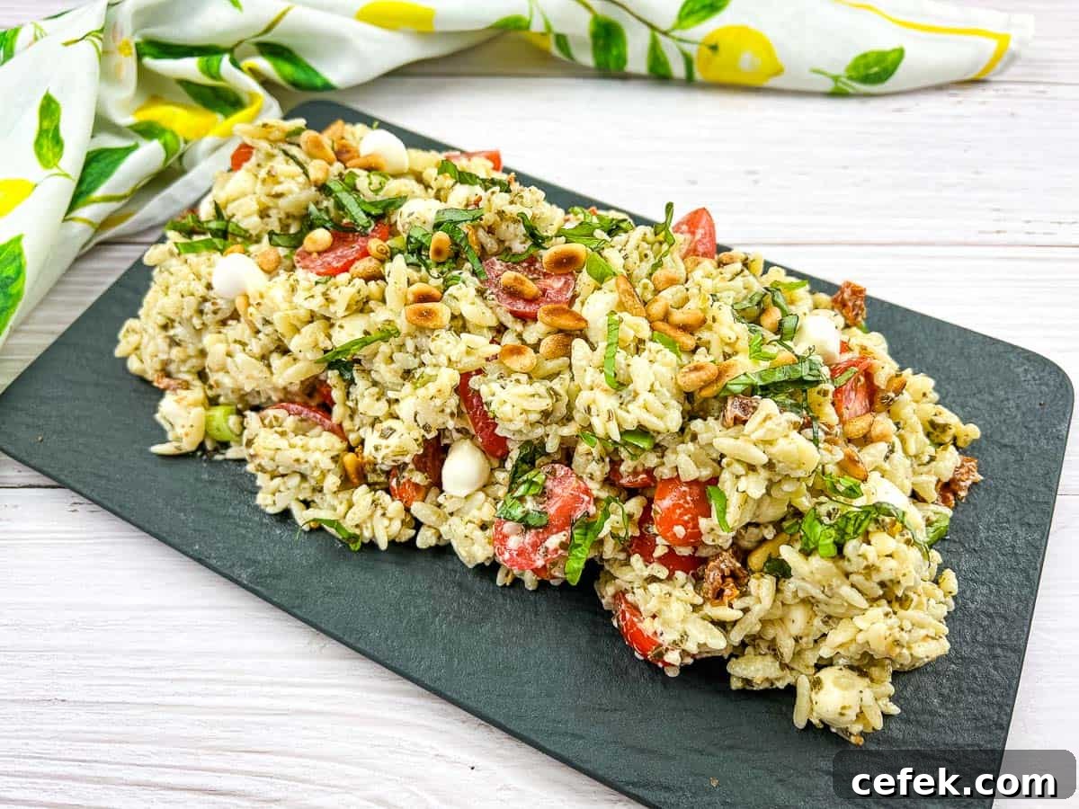 Orzo salad resting on a dark plate.