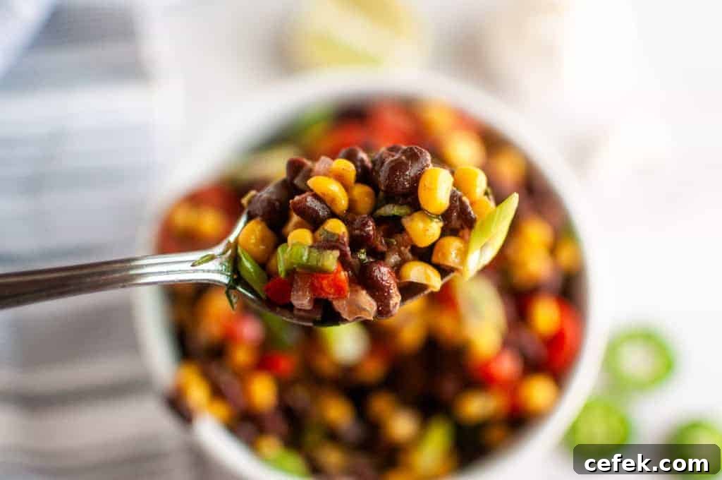 A close-up of a spoonful of black bean, corn, and vegetable salad held above a bowl filled with the same salad.