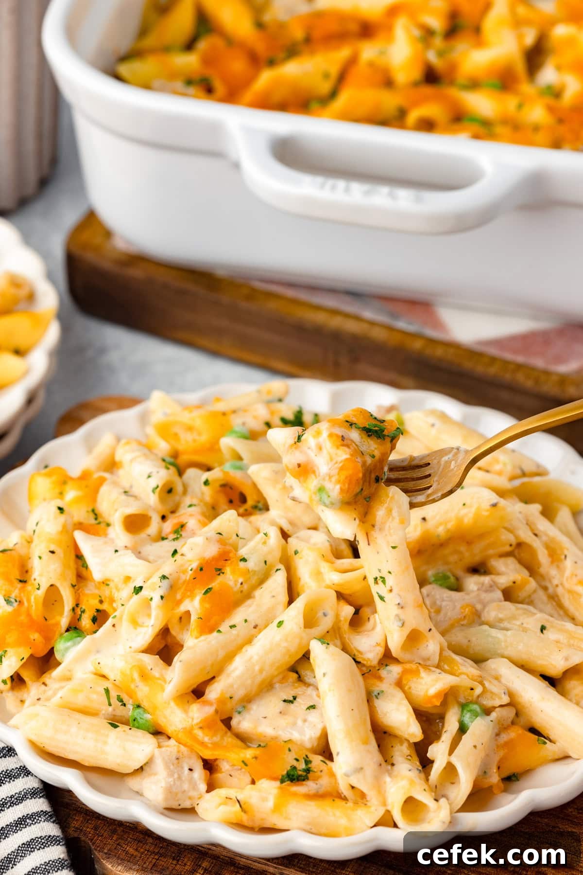 Chicken Pasta Casserole on a plate with melted cheese, fork lifting a bite; casserole dish behind.