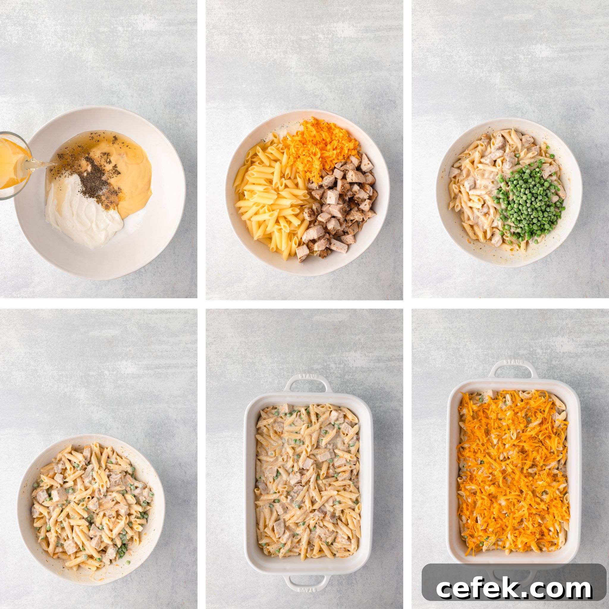Six-step collage of making Chicken Pasta Bake: mix, add ingredients, combine, bake, top with cheese.