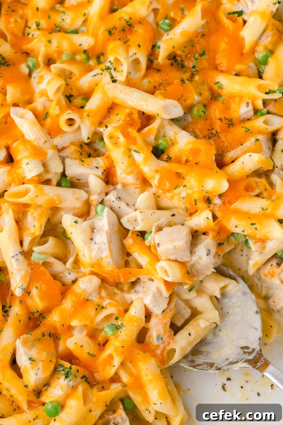 Chicken Pasta Bake close-up with penne, chicken, peas, cheddar, herbs, and a spoon scooping it.