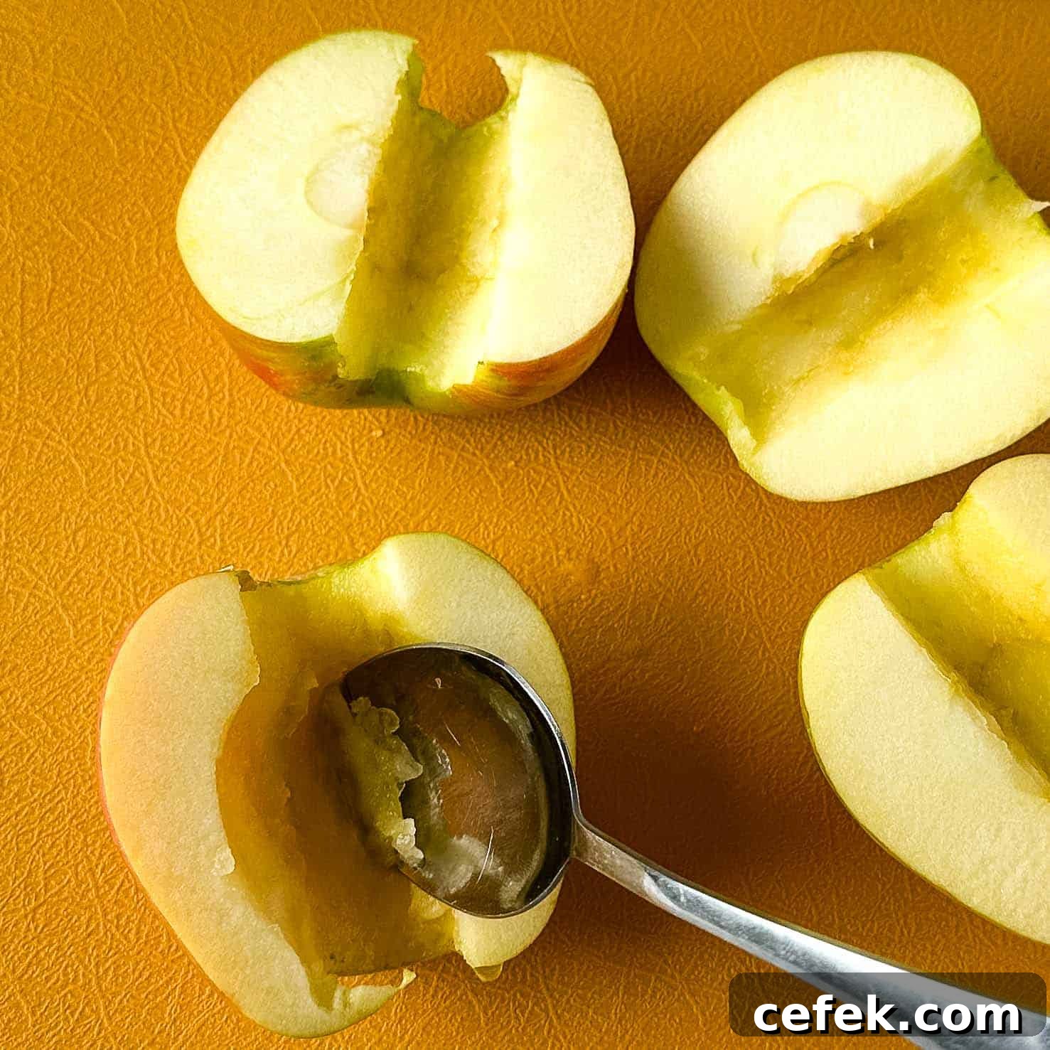 A silver spoon is used to scoop out some of the interior of cored apple halves.