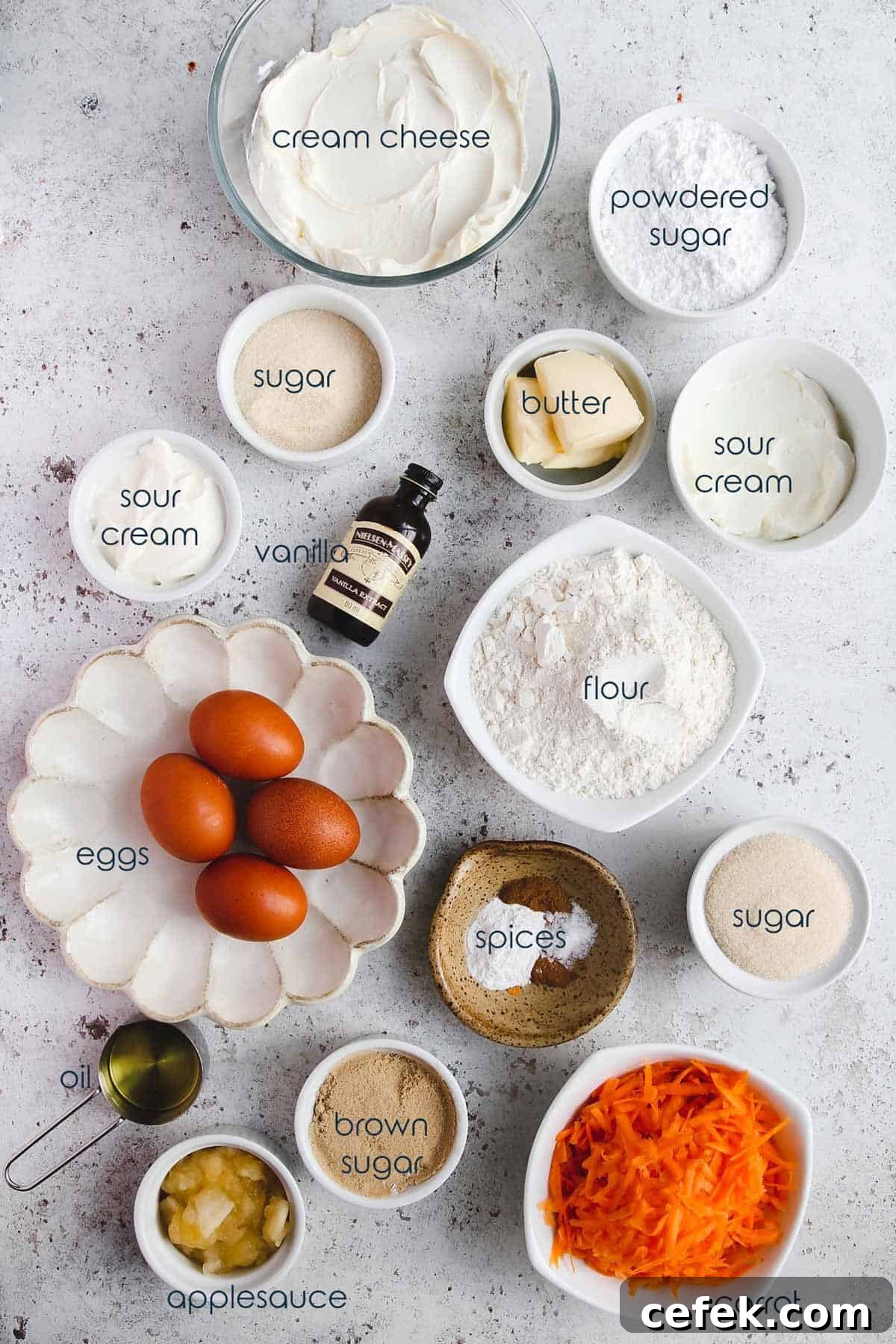Ingredients for carrot cake with cheesecake swirl.