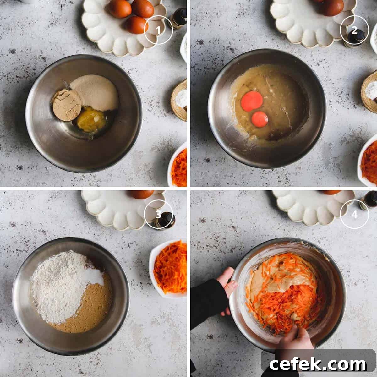 Four steps photo to mixing the ingredients of the carrot cake part of the cheesecake cake in a bowl.