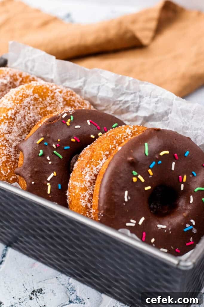 Gluten Free Donuts (Fried, Bakery Style) in a tray with chocolate frosting and sugared outsides
