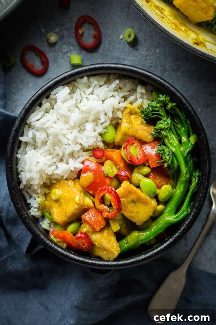 A black bowlful of curry and rice on a grey background.