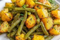 Crispy Roasted Green Beans and Potatoes with Garlic and Herbs