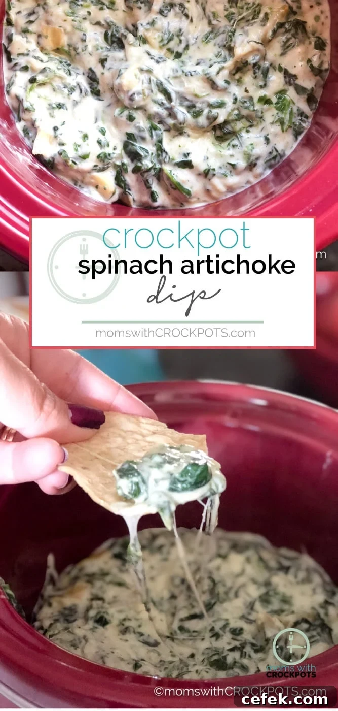 Slow-Cooker Spinach and Artichoke Dip Recipe for Parties 2 This restaurant favorite can now be a favorite at home with this simple Crockpot Spinach Artichoke Dip Recipe! So easy to make this appetizer in the slow cooker!