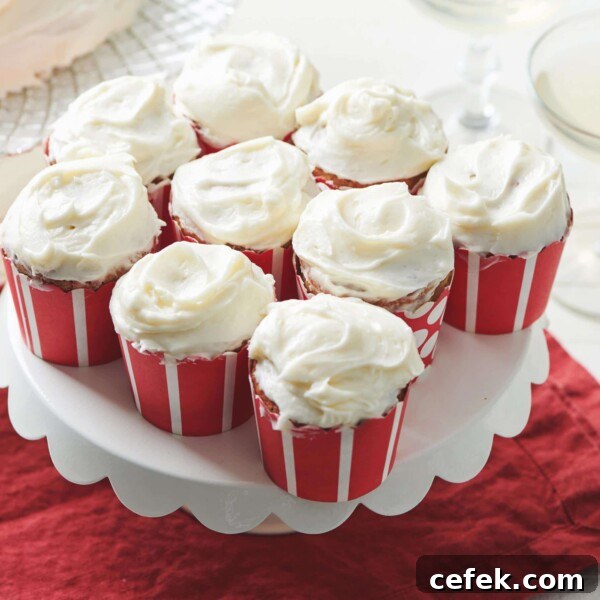 Banana Cupcakes with Cream Cheese Frosting in red and white liners.