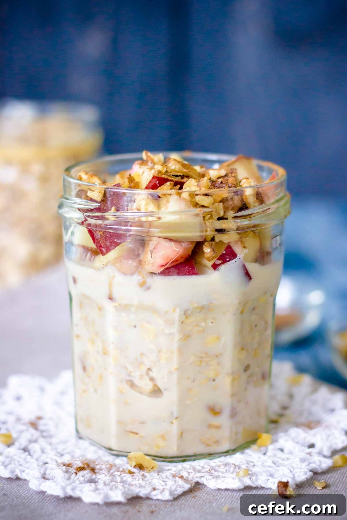 Peach Overnight Oats served in a glass jar