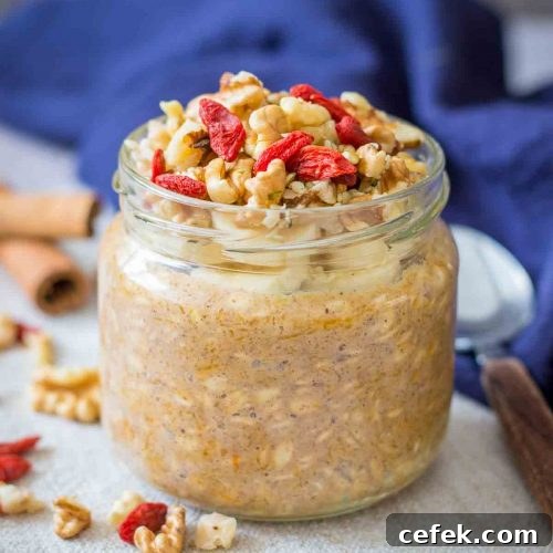 Pumpkin Overnight Oats topped with walnuts and goji berries