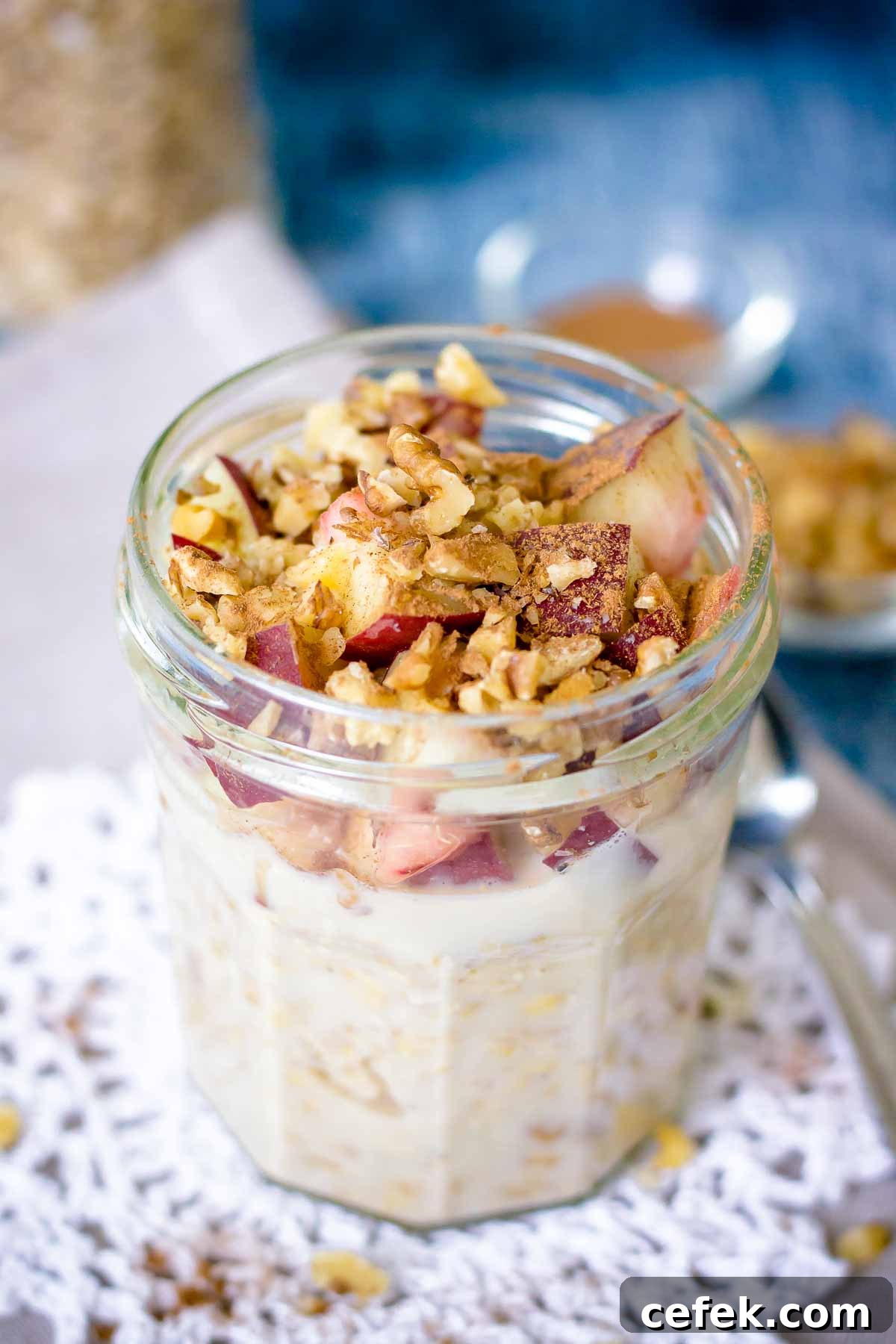 Peach Overnight Oats served in a glass jar