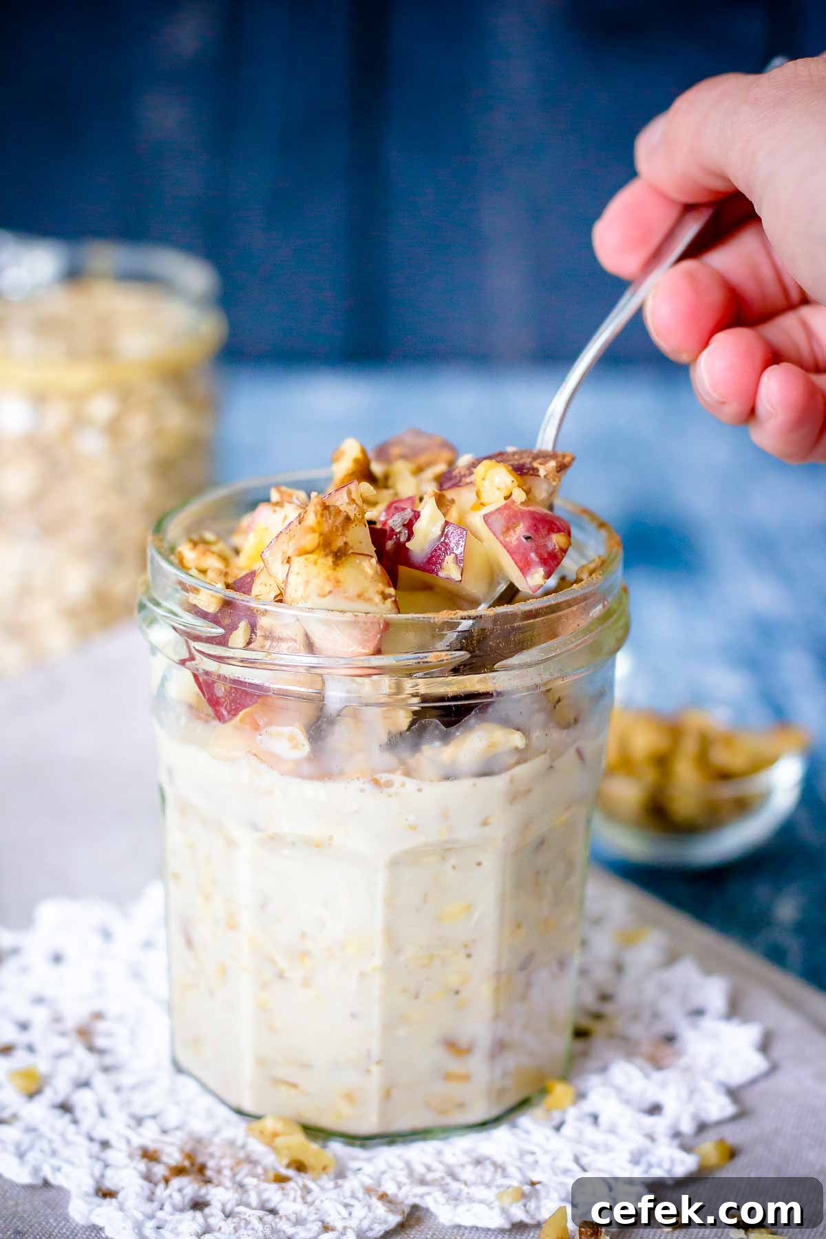 Peach Overnight Oats served in a glass jar