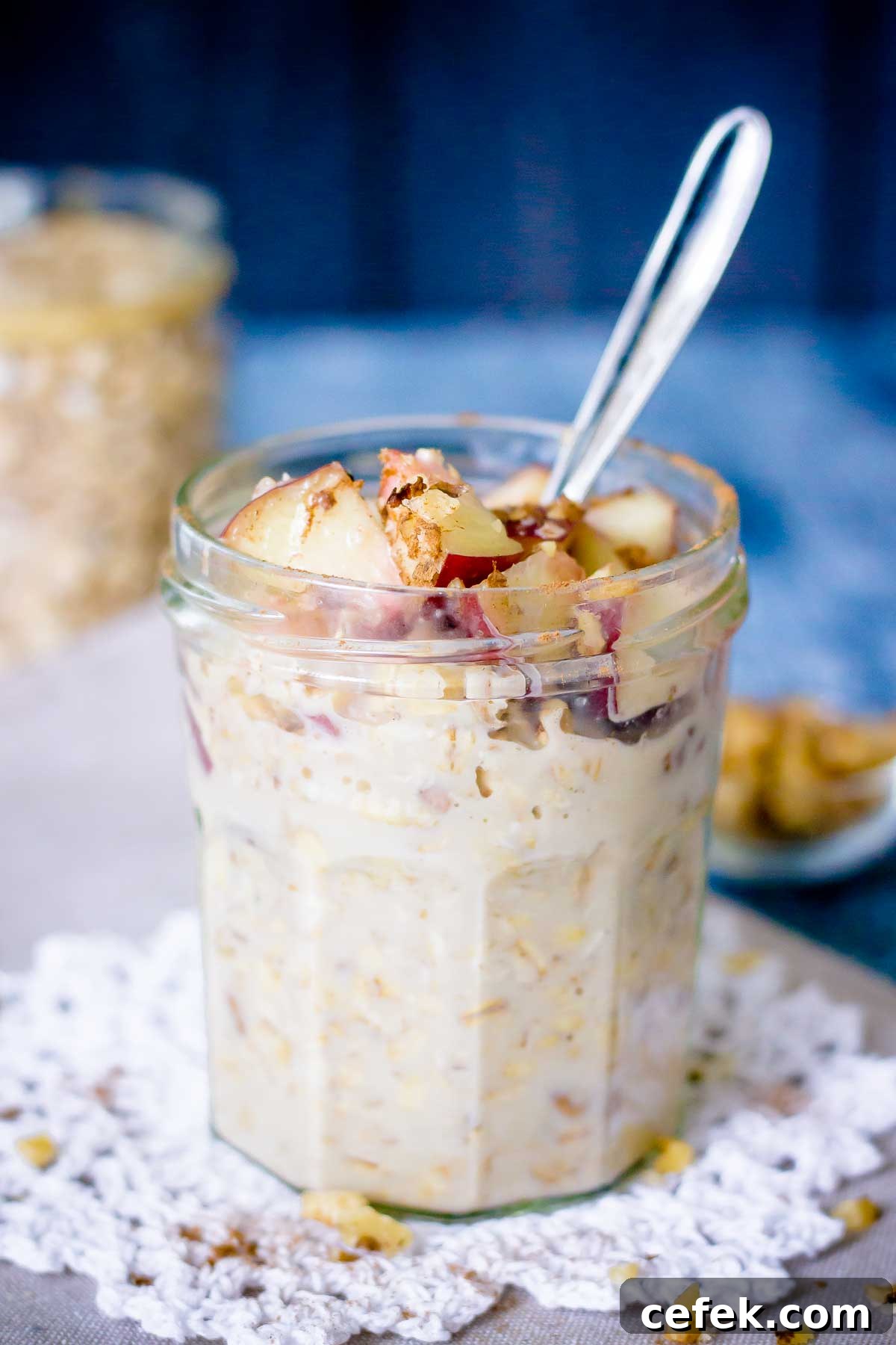 Peach Overnight Oats served in a glass jar