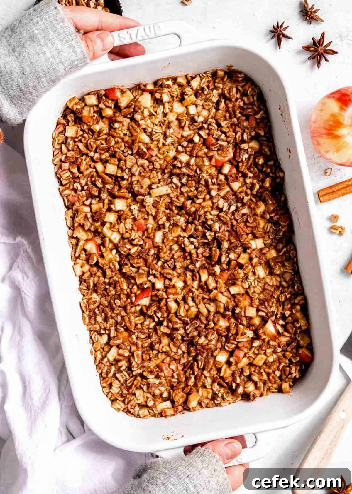 large baking dish filled with apple cinnamon baked oatmeal