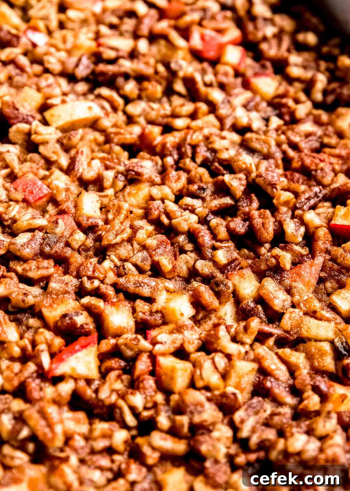 closeup view of baked oatmeal topped with a pecan apple cinnamon crumble