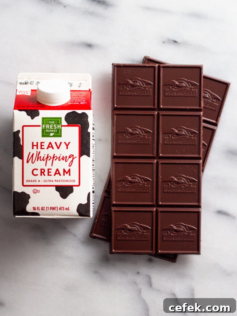 Perfect Chocolate Ganache Recipe for a Smooth, Glossy Finish 3 Overhead image of heavy cream and chocolate.
