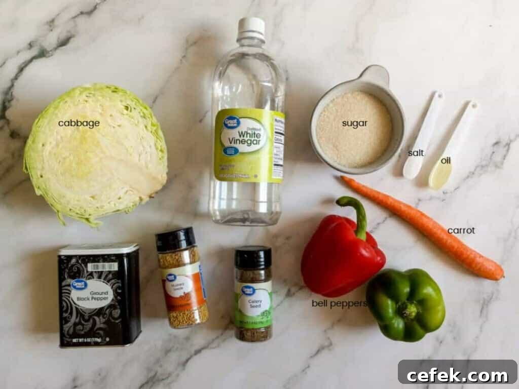 Amish Pepper Cabbage: Tangy Country-Style Side Dish 2 Ingredients: cabbage, green pepper, red pepper, carrot, vinegar, sugar, salt, oil, black pepper, celery seed, and mustard seed.