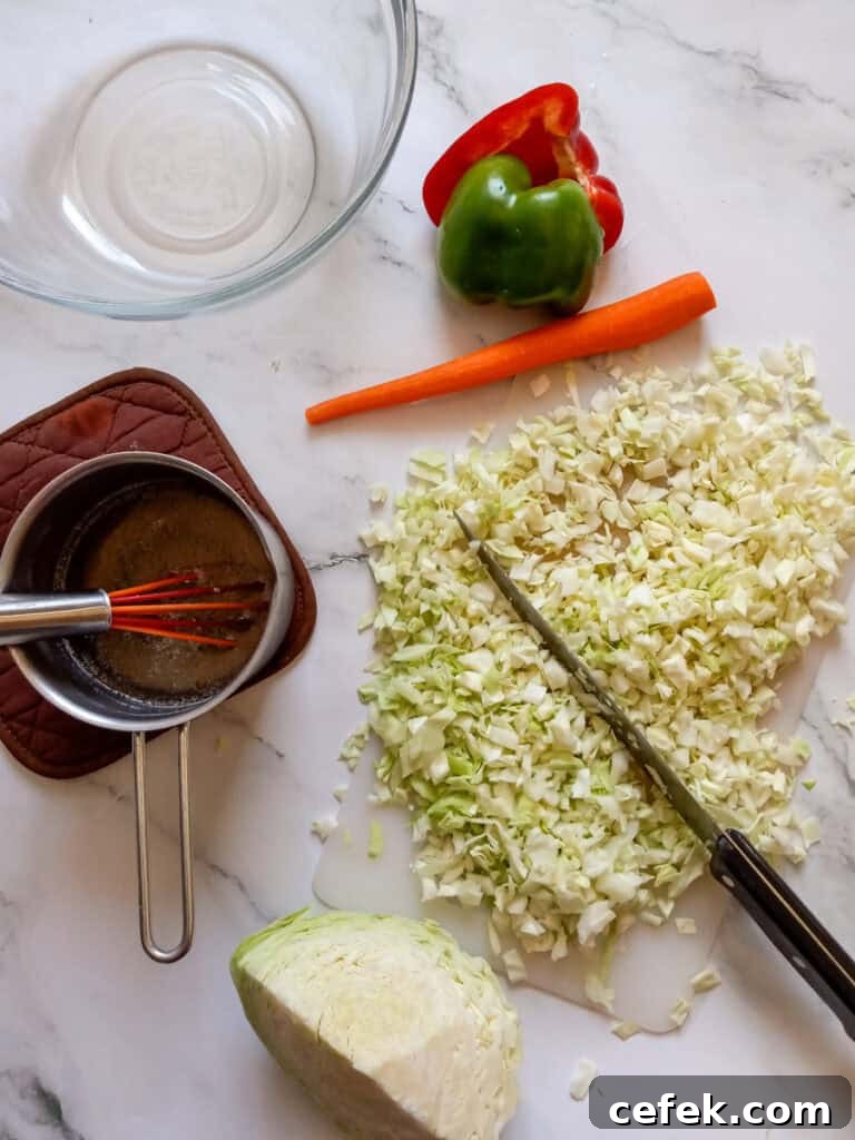 Amish Pepper Cabbage: Tangy Country-Style Side Dish 4 chopping cabbage, dressing in a saucepan, and a bowl to mix the ingredients.