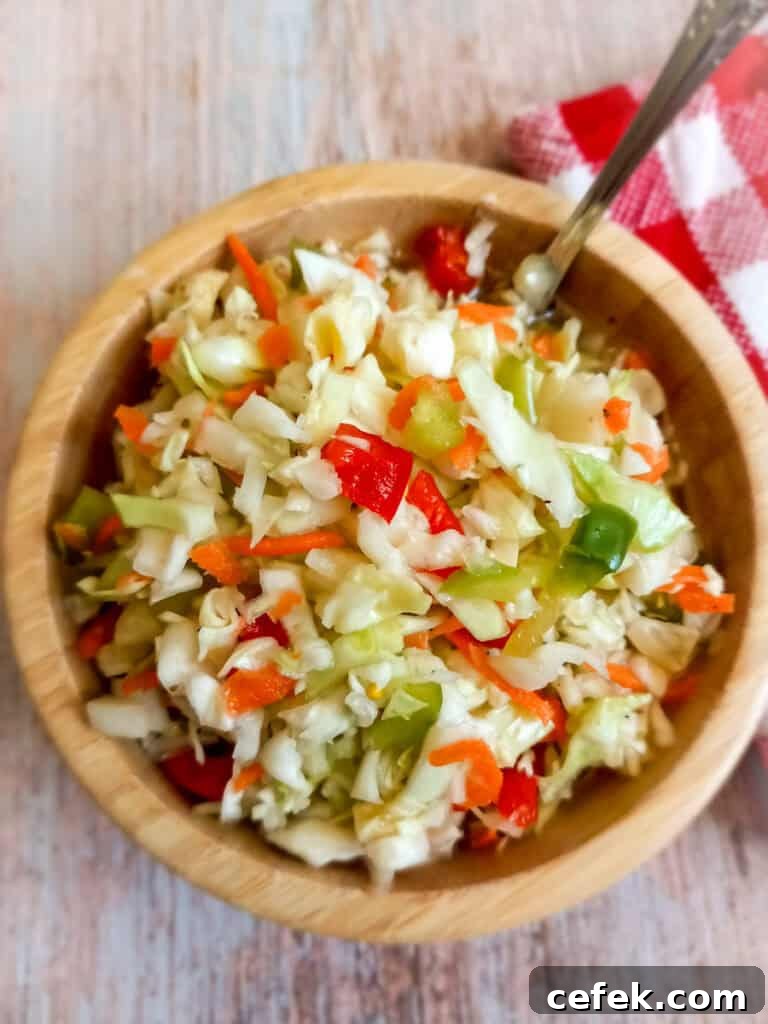 Amish Pepper Cabbage: Tangy Country-Style Side Dish 8 a close-up photo of a bowl of pepper cabbage slaw.