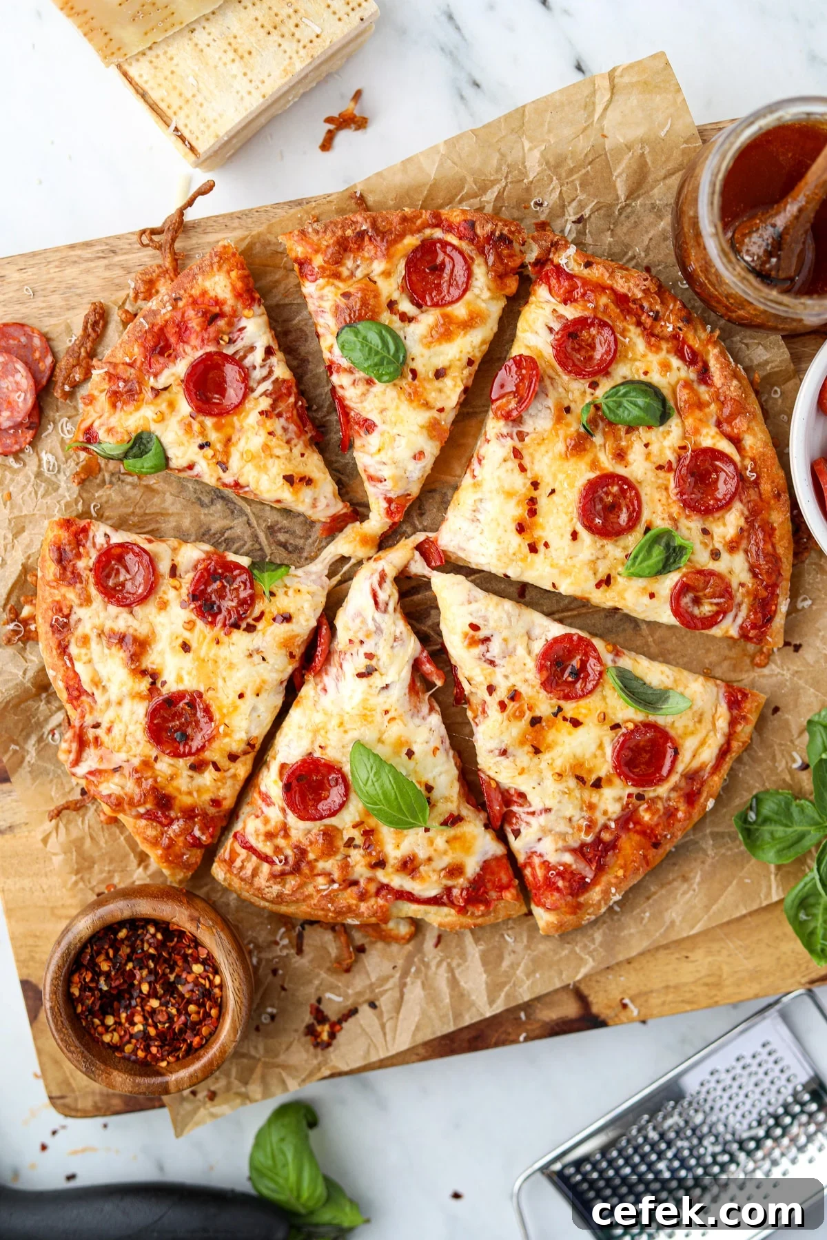 Greek Yogurt Pizza Recipe with Crispy Thin Crust 2 Pizza cut into slices and topped with pepperoni and fresh basil.