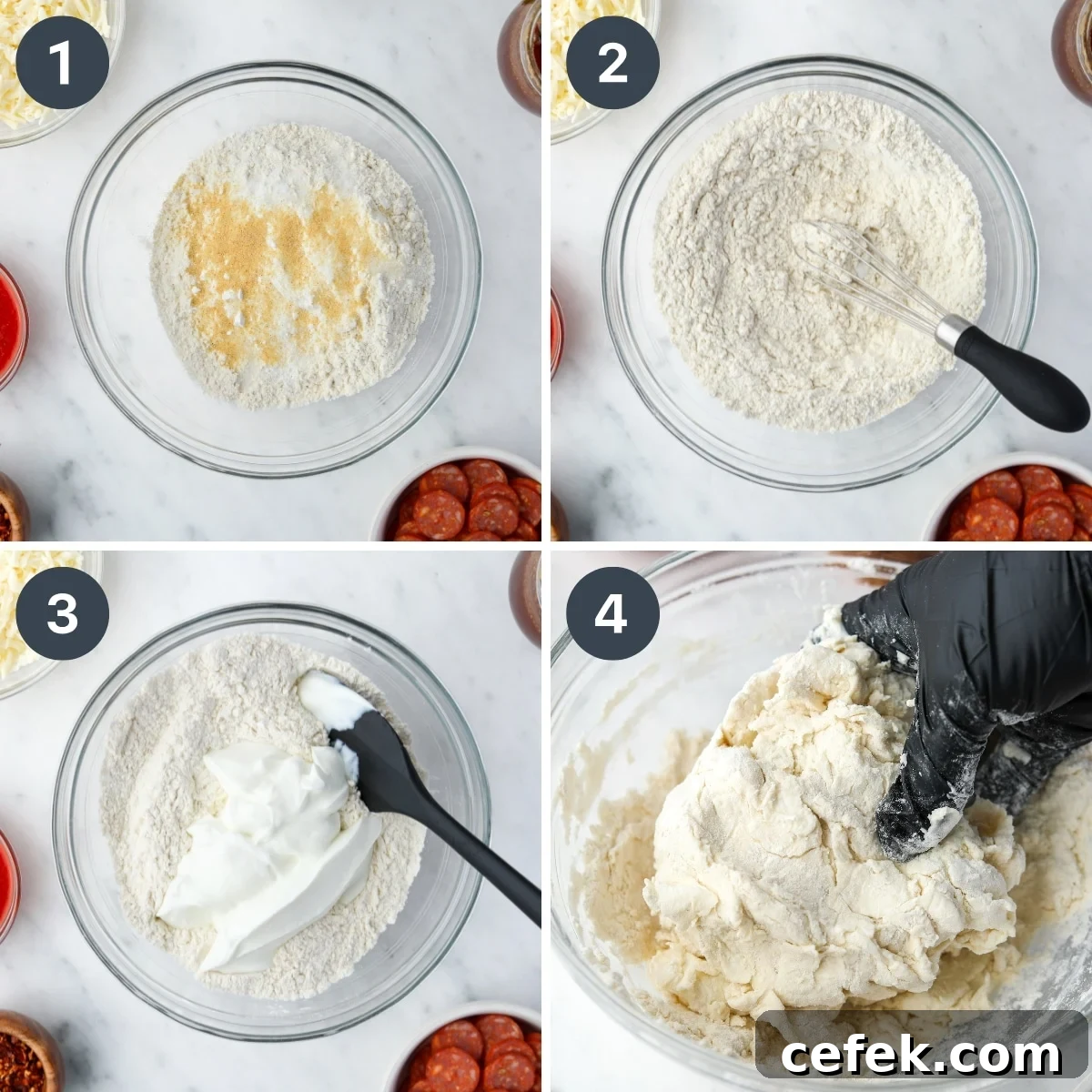 Greek Yogurt Pizza Recipe with Crispy Thin Crust 4 Whisking dry ingredients and adding Greek yogurt to form a dough ball.