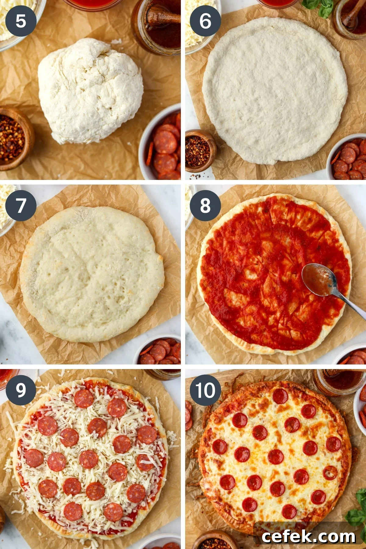 Greek Yogurt Pizza Recipe with Crispy Thin Crust 5 Adding pizza sauce, shredded cheese, and toppings to a round pizza dough circle on a parchment paper.