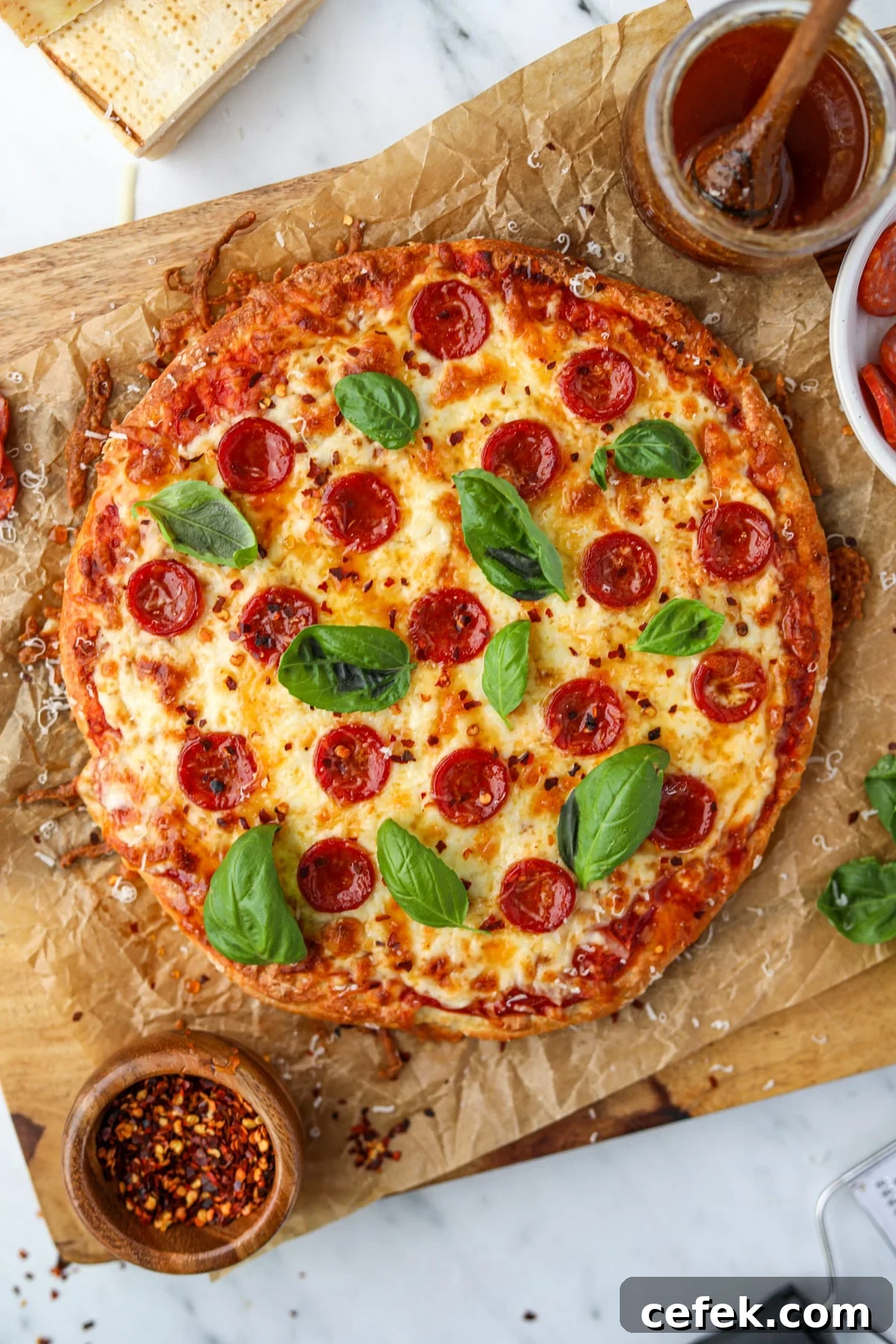 Greek Yogurt Pizza Recipe with Crispy Thin Crust 6 Pizza on a sheet of parchment paper, topped with pepperoni, fresh basil, and crushed red pepper.