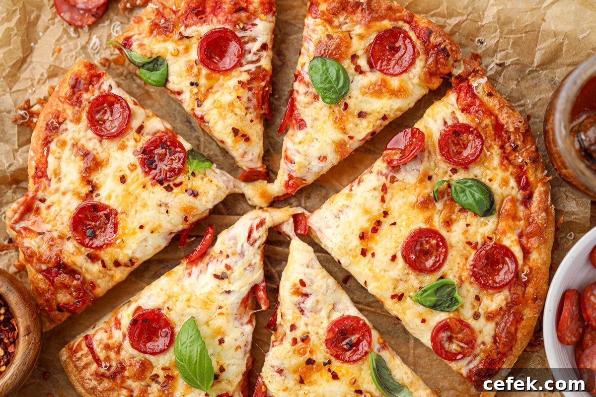 Greek Yogurt Pizza Recipe with Crispy Thin Crust 7 A round pizza sliced into 6 uneven pieces.