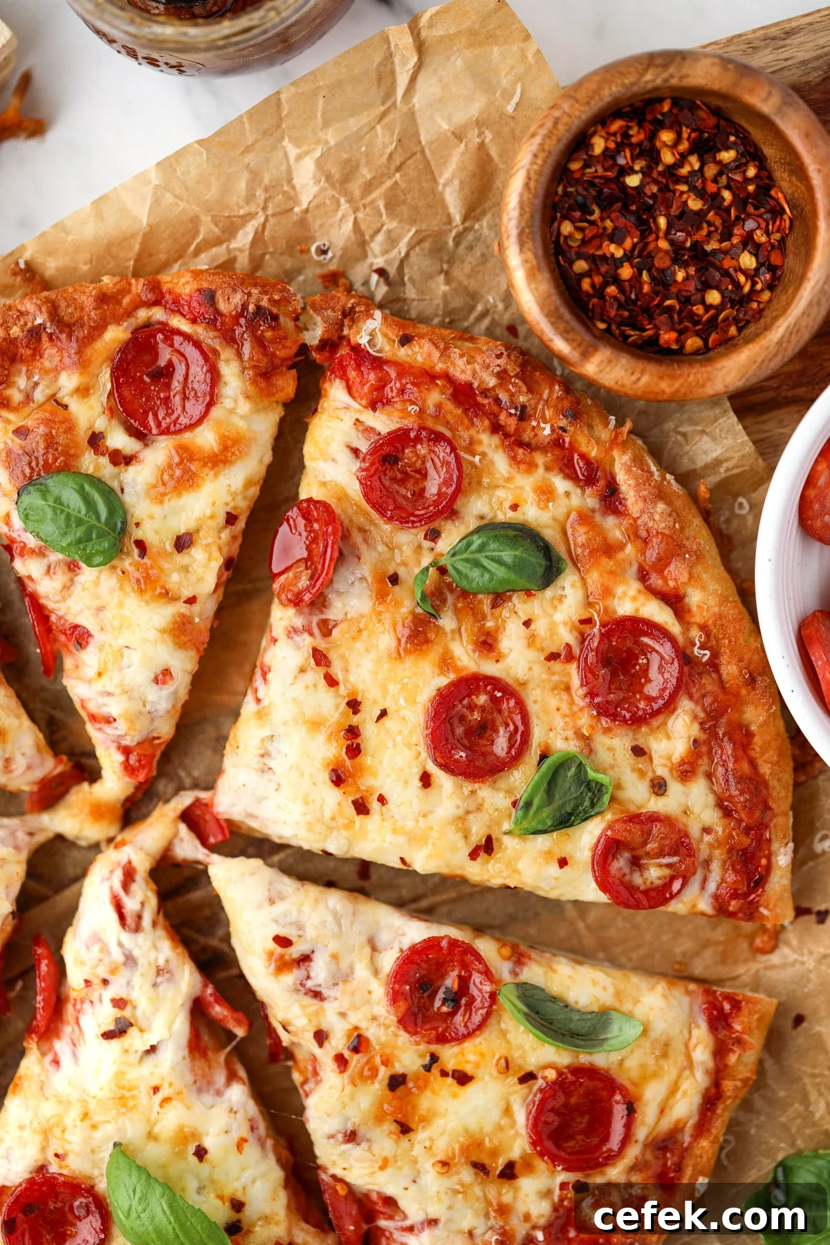 Greek Yogurt Pizza Recipe with Crispy Thin Crust 10 Slices of pizza on a sheet of parchment paper, topped with pepperoni and fresh basil