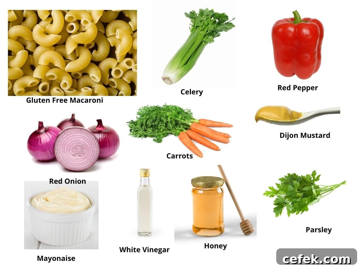 Creamy Gluten-Free Macaroni Salad 4 Photos of the macaroni salad ingredients.