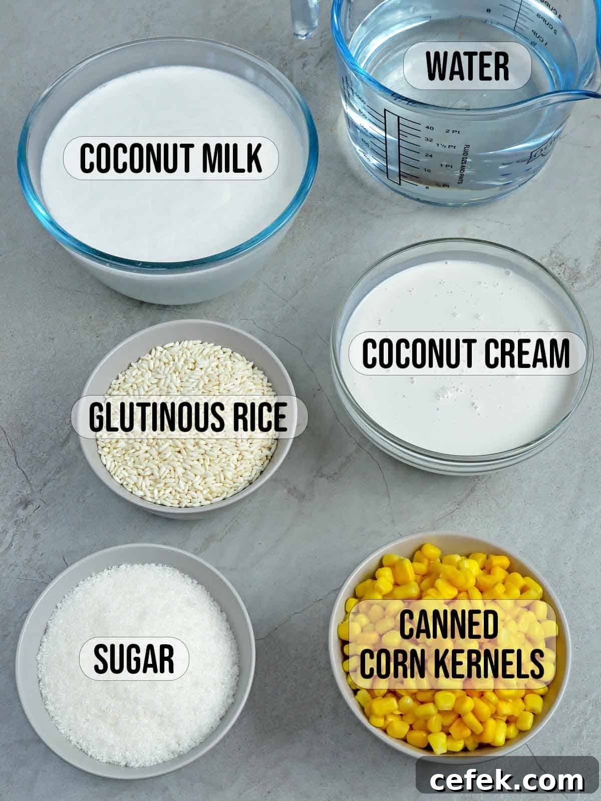 Creamy Filipino Corn and Coconut Milk Porridge 3 corn kernels, coconut milk, glutinous rice, sugar, water in bowls.